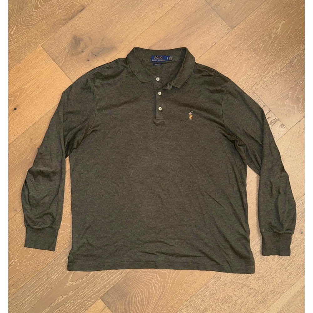 Polo Ralph Lauren Mens Long Sleeve Polo Shirt Olive Green Classic Fit Large L